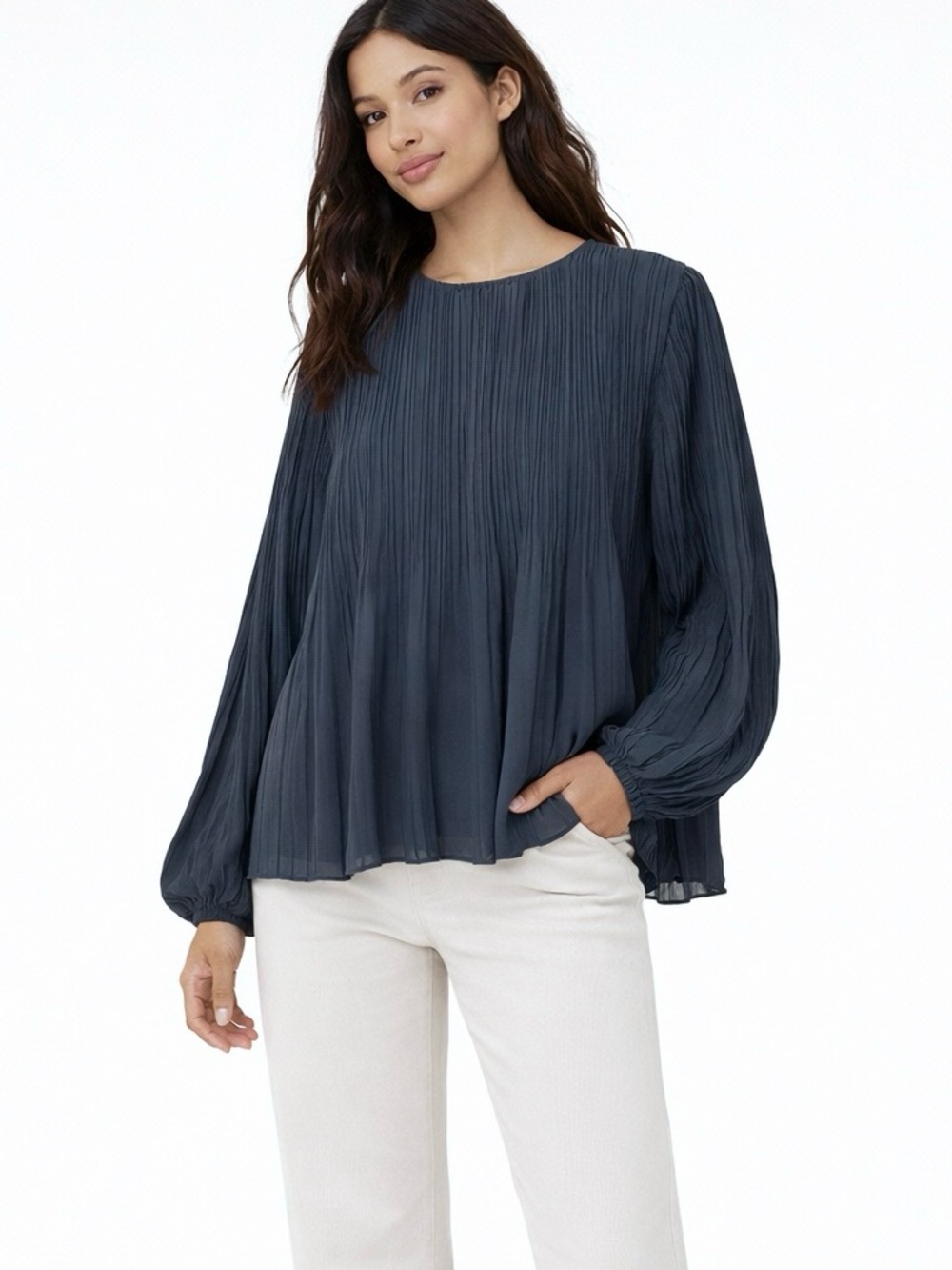 Elizabeth and James Charcoal Pleated Long-Sleeve Blouse